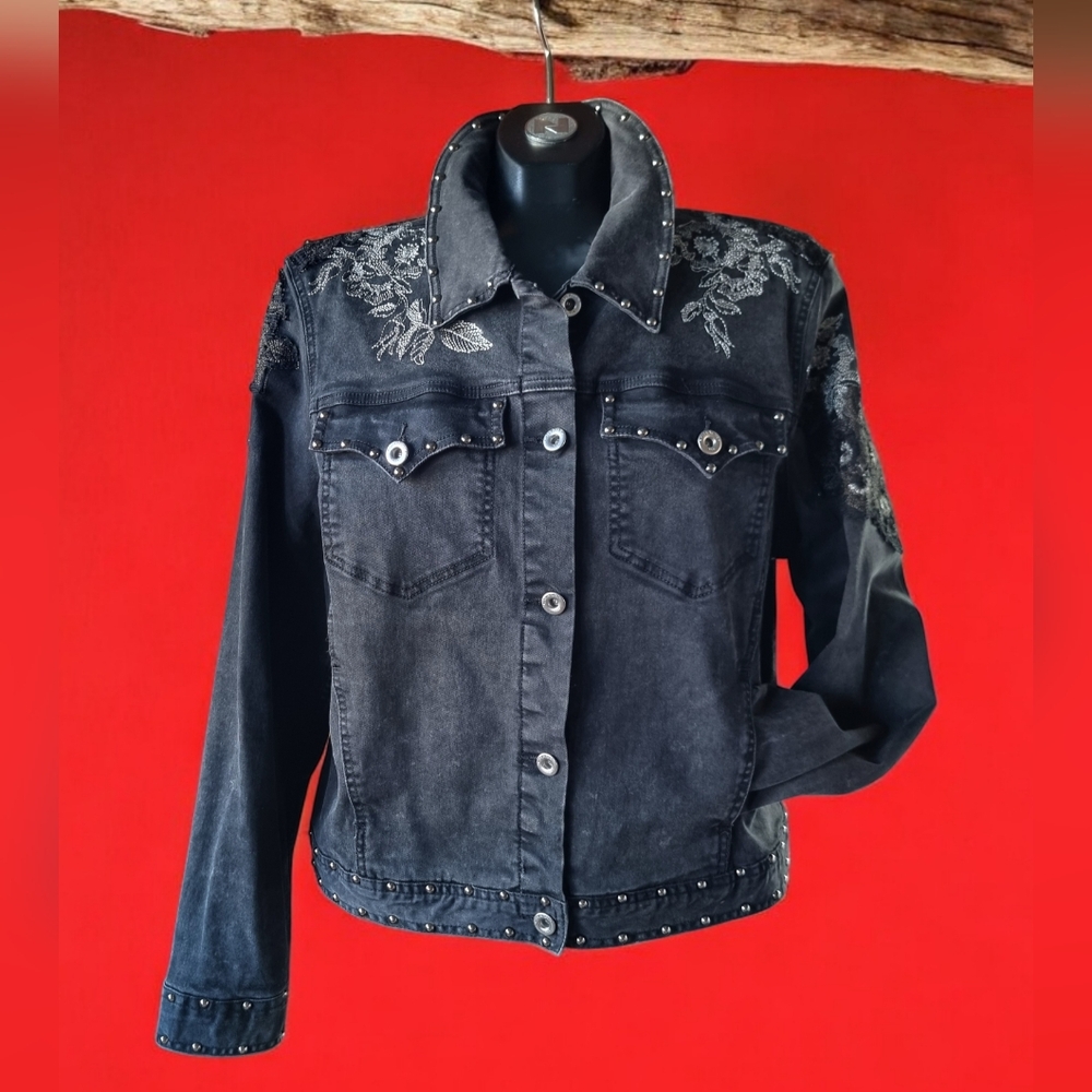 GRACE In LA Embroidered Charcoal Black Studded Denim Jacket